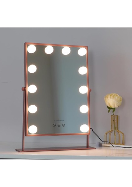Of Myth - LOM2087 Hollywood Style 3 Renk LED Işıklı Makyaj Aynası, Dokunmatik, 360° Döner Metal Çerçeve (Rose Gold)