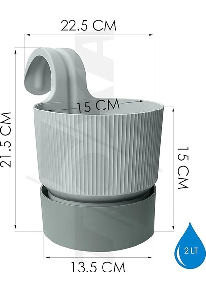 Ixora Tek Askılı Balkon Saksısı Tabaklı Mat Plastik Saksı (4 Adet, Gri) fiyatları