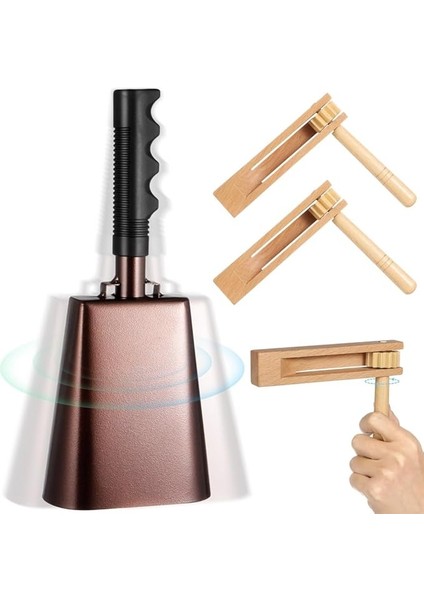 Metal Cowbell & Ahşap Iplik Cırcır Çıngırak Seti, Düğünler, Spor ve Kutlamalar Için 3 Parça Set