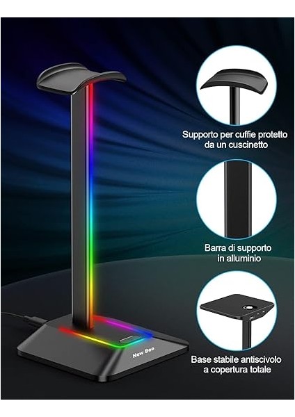 Bee Rgb Kulaklık Standı, Oyun Kulaklığı Standı, Kulaklık Tutucu, Kablosuz Şarj Kulaklık Tutucu, 1 x USB 7 Aydınlatma Efekti Modu, Siyah modelleri