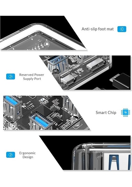 Şeffaf LED Işıklı 5gbps 4 Portlu Usb-A 3.0 Çoklayıcı 30 cm Kablolu indirimleri
