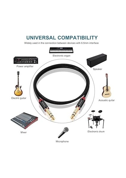6,35 mm Gitar Ses Kablosu, Naylon Örgülü 6,35 mm - 6,35 mm Jak Ses Kablosu, Elektro Gitar, Elektronik Piyano, Bas Amplifikatörü, Tuş Amplifikatörü Vb. Için (3m) modelleri