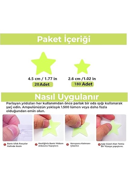 Sticker Karanlıkta Parlayan Fosforlu Ay ve Yıldız Tasarımlı Dekoratif (200 Adet Yıldız) modelleri
