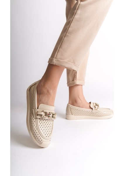 Layla Bağcıksız Ortopedik Rahat Taban Kalp Desenli Kadın Babet Ayakkabı Ckt - Krem