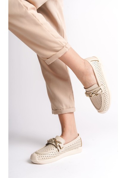 Layla Bağcıksız Ortopedik Rahat Taban Kalp Desenli Kadın Babet Ayakkabı Ckt - Krem modelleri