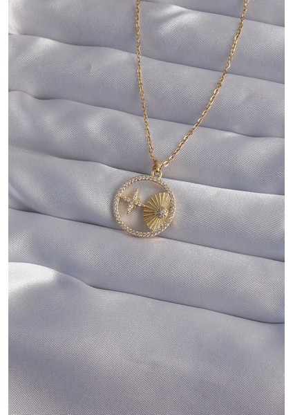 316L Çelik Zincir Gold Renk Zirkon Taşlı Yıldız Figürlü Oval Kolye