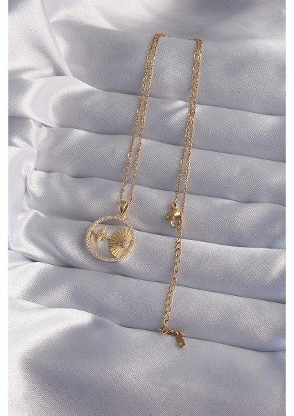 316L Çelik Zincir Gold Renk Zirkon Taşlı Yıldız Figürlü Oval Kolye fiyatları