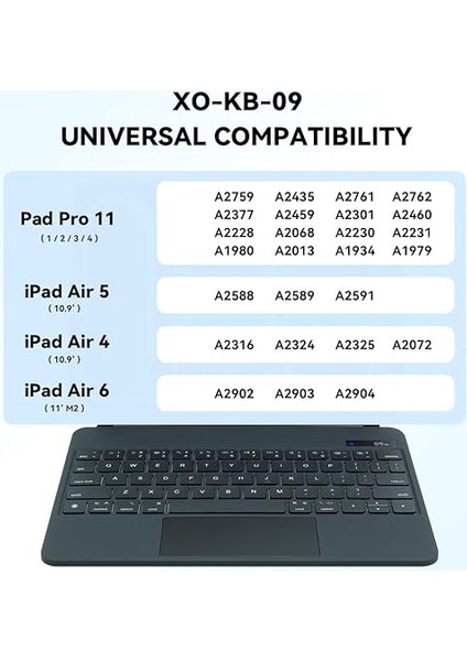 iPad Pro 11 ile Uyumlu (1.-2.-3.-4. Nesil) / 4-5-6 iPad Air ile Uyumlu Kablosuz Bluetooth Klavye 10.9''/11'' – Touchpad’li, Dijital Ekranlı, Şarj Edilebilir, Türkçe Q, 64 Tuşlu, KB09, Siyah fiyatları