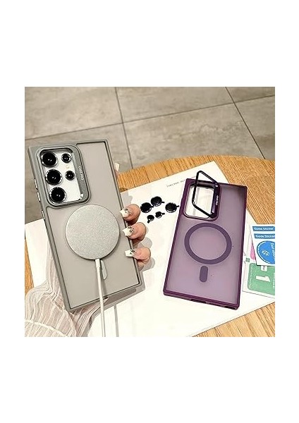 Samsung Galaxy S23 Ultra ile Uyumlu Kamera Lens Aparatlı Stand Olabilen Magsafe ile Uyumlu Kamera Korumalı Şeffaf Full Color Magnetic Wireless Telefon Kılıfı (Titanyum, Galaxy S23 Ultra) fırsatları