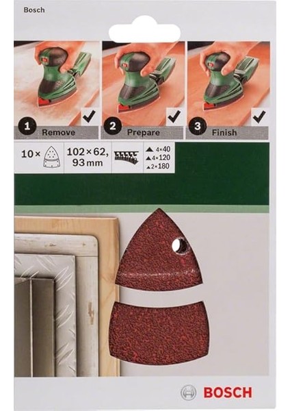 - Multi Zımpara Kağıdı 10'lu Set, 102 x 62/93 mm 40/120/180 Kum 11 Delik modelleri