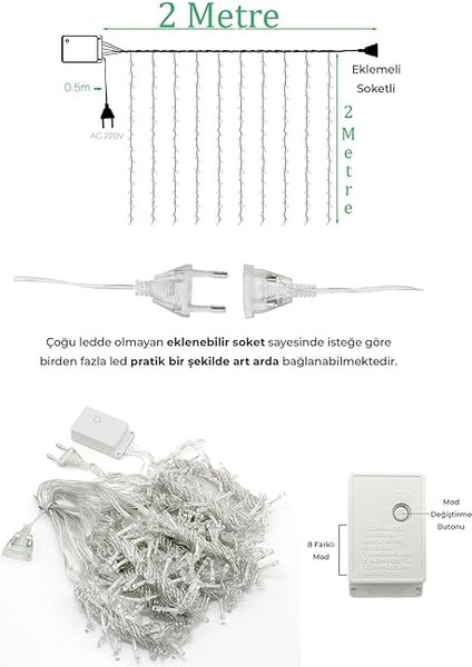 Perde LED Işıklar Animasyonlu Kumandalı Fişli - Günışığı (2x2) fiyatları