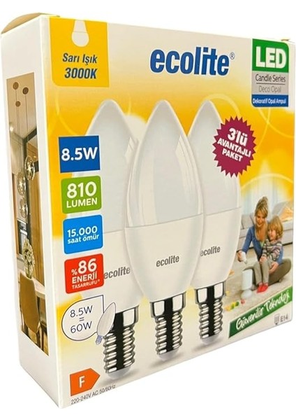 8.5W LED Mum Ampul – E14 Duy, 810 Lümen, 3000K Sarı Işık, 60W Eşdeğer, 3’lü Paket, Opal Dekoratif Ampul, Dimmer Uyumlu Değil,%86 Enerji Tasarrufu, 99X37 mm (Sarı) modelleri