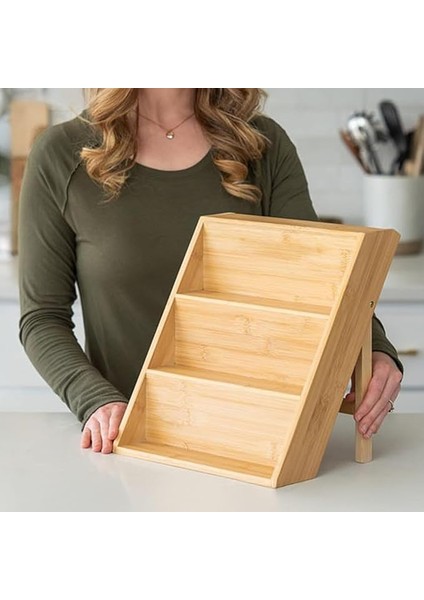 Bambu 3 Katlı Katlanabilir Baharat Standı | Çekmece Içi Kullanıma Uygun Baharatlar Için Organizer (Kavonozlar ve Aksesuarlar Dahil Değildir)