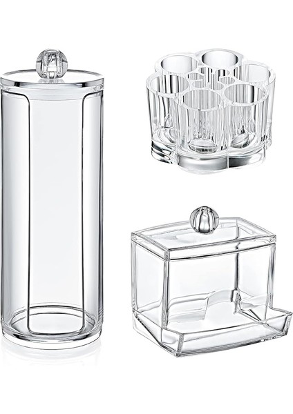 3'lü Akrilik Makyaj Organizer Seti, Makyaj Seti, Pamukluk, Ruj'luk, Kulak Çubuğu Kutusu