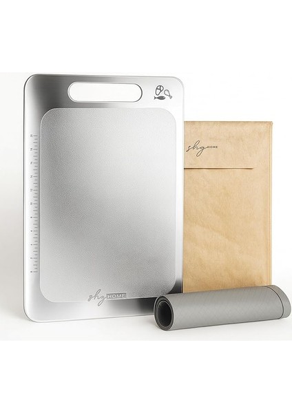 Home Özel Tasarımlı 304 Paslanmaz Çelik Kesme Tahtası 3lü Set (Saklama Kılıfı, Kesme Tahtası ve Silikon Kaydırmaz Mat)1,5 mm Kalınlık, 23 x 34 cm Yıkanabilir, Gıda Temasına Uygun, Hijyenik