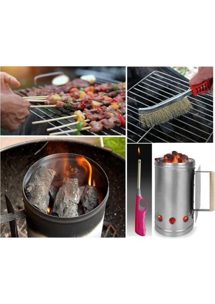 Mangal Barbekü Yakma Temizleme Seti 10 Parça Kormatik Çakmak Maşa Spatula Eldiven Tel Fırça Şiş Jel modelleri