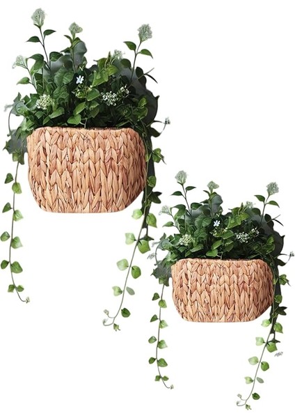 Dekoratif Hasır Dikdörtgen Duvar Sepet Saksılık 2'li Set - Hasır Duvar Için Sepet Saksı, Duvara Asılan Hasır Sepet Saksı Seti 2'li