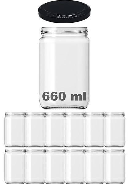 660 ml Metal Siyah Kapaklı Şeffaf Cam Kavanoz 12 Adet