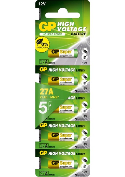 Batteries GP27A Süper Alkalin 27A/MN27 Boy Pil, 12 Volt, 5'li Kart
