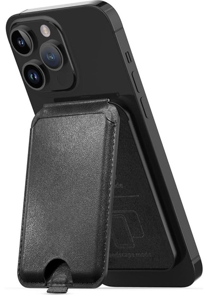 Magsafe Ile Uyumlu Deri Kartlık, Iphone 12/13/14/15/16 Modelleri ile Uyumlu, 5 Kart Kapasiteli, Açılır Kapanabilir Stand Olma Özellikli, Hafif ve Şık Tasarım, MC2500, Siyah