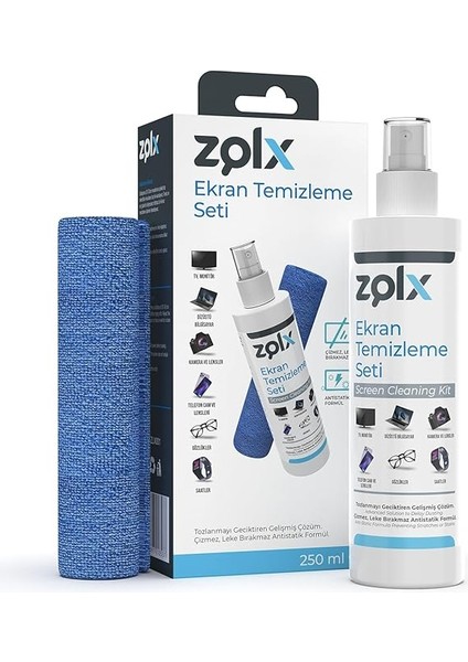 Ekran Temizleme Seti 250ML + Temizleme Bezi Lcd, Led, Ekran, Laptop, Tablet, Bilgisayar, Televizyon, Cep Telefonu, Gözlük, Kamera, Koruyucu ve Parlatıcı Doğal Temizleme