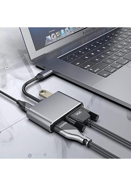Type-C HDMI VGA USB 3.0 Type 4in1 Video Dönüştürücü Veri Aktarıcı USB Adaptör Notebook ve Macbook ile Uyumlu Gri Tc-26 modelleri