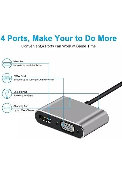 Type-C HDMI VGA USB 3.0 Type 4in1 Video Dönüştürücü Veri Aktarıcı USB Adaptör Notebook ve Macbook ile Uyumlu Gri Tc-26 fırsatları