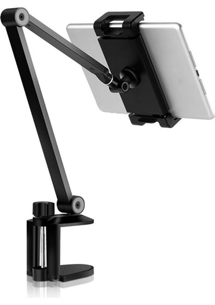 Profesyonel 2 Eklemli Telefon ve Tablet Tutucu 360 Derece Dönebilen Kol ve iPad ile Uyumlu Telefon Standı Olan Metal Taban Alüminyum Gövde 43CM Kol Uzunluğu MK43 Siyah