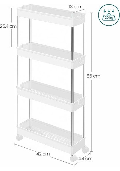 Arabası, 4 Seviyeli Mutfak Arabası, Mutfak Rafı, Tekerlekli Niş Rafı, Banyo Rafı, Yerden Tasarruf Sağlayan, Beyaz indirimleri