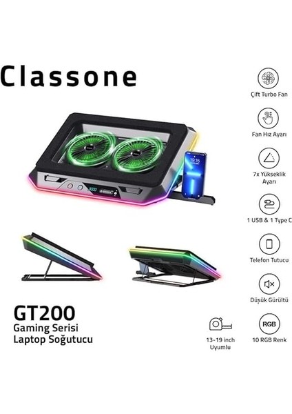 Gaming GT200 Laptop Soğutucu Notebook Stand, 3000 Rpm,10 Rgb Işık Kontrolü, 15.6-17 Inch, Hız Kontrolü, 2 Büyük Fan,telefon Standı, 1 Type-C Usb,1 USB indirimleri