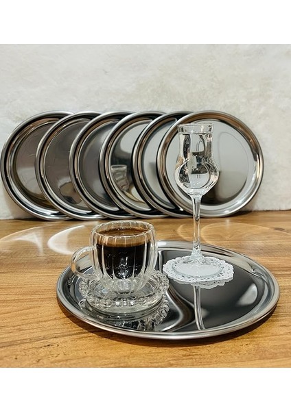 Adet Lüx Gümüş Paslanmaz Çelik Yuvarlak Çay,kahve,pasta Servis Tepsisi Sunum Tepsisi 21.5 cm