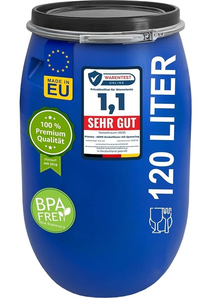 120 Litre Geniş Ağızlı Varil, Kapaklı ve Germe Halkalı, Plastik Varil, Evrensel Fıçı, Kapaklı Varil, Gıda Maddelerine Uygun, Su Varili, Yağmur Varili, Depo Varili, Sağlam Tutma Yeri, Mavi