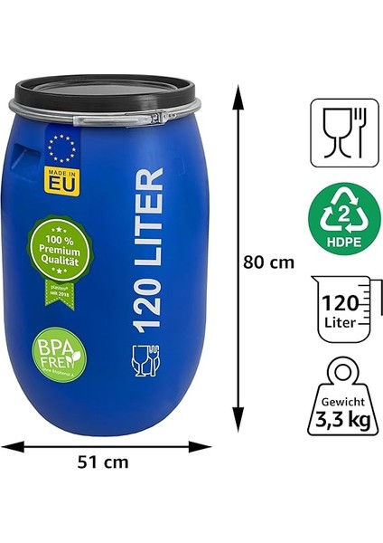 120 Litre Geniş Ağızlı Varil, Kapaklı ve Germe Halkalı, Plastik Varil, Evrensel Fıçı, Kapaklı Varil, Gıda Maddelerine Uygun, Su Varili, Yağmur Varili, Depo Varili, Sağlam Tutma Yeri, Mavi modelleri