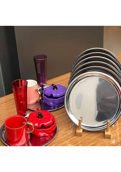Adet Lüx Gümüş Paslanmaz Çelik Yuvarlak Çay,kahve,pasta Servis Tepsisi Sunum Tepsisi 21.5 cm modelleri