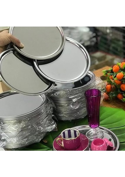 Adet Lüx Gümüş Paslanmaz Çelik Yuvarlak Çay,kahve,pasta Servis Tepsisi Sunum Tepsisi 21.5 cm fırsatları