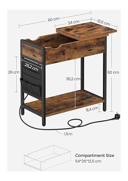 Elektrikli Sehpa, Yan Masa, Katlanır Masa, Başucu Masası, Elektrik Soketli, Kumaş Eşya Torbalı, Vintage, Kahverengi - Siyah, LET311B01 modelleri