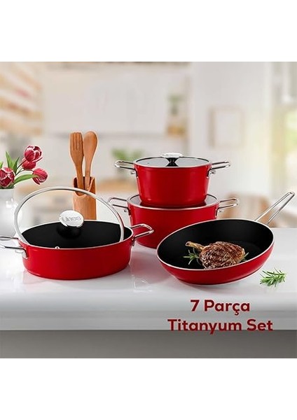 Rozella 7 Parça Titanyum Tencere Seti - Kırmızı fiyatları