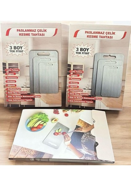 3'lü Paslanmaz Çelik Kesme Tahtası Seti Gıda Temasına Uygun Antibakteriyel 34X23 29X19 24X15 0,7mm Kesim Panosu Levhası Cam Kesme Tahtası fiyatları