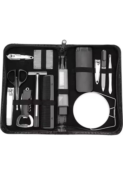 Için 13'lü Seyahat Boy Deri Çantalı Bakım Set Tırnak Makas-Cımbız-Ayna-Törpü-Jilet-Makas