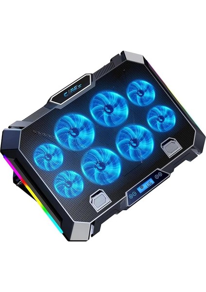 Vortex 8x Turbo LED Fan - 10 Modlu Rgb - LCD Ekran - Ayarlabilir Fan Hızı - 7 Kademeli Stant - 2x USB - Metal Mesh Zemin Notebook Soğutucu