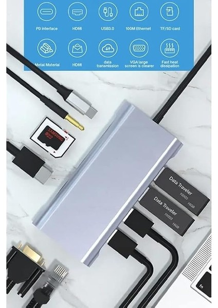 Pro Air ile Uyumlu Type-C Çevirici Dönüştürücü Çoklayıcı Pd Şarj Hdmı Sd Network VGA Girişli 11 In 1 fiyatları