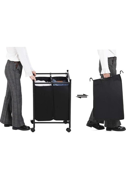 Çamaşır Ayırıcı, Tekerlekli ve 2 Bölmeli, Çamaşır Sepeti, Çıkarılabilir Çantalı Çamaşır Arabası, Toplam Kapasite 90 L, Siyah, LSF002BK indirimleri