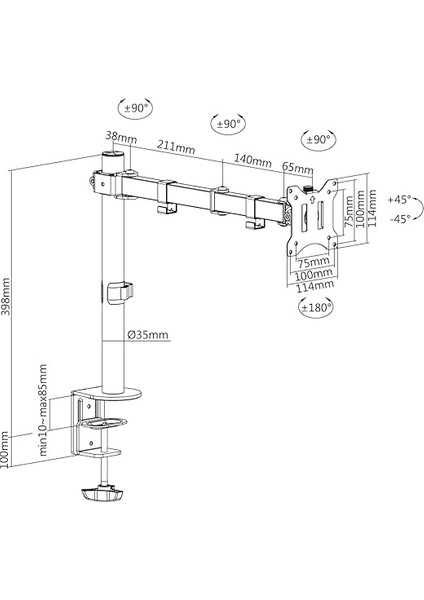 Monitör Tutucu - Masa Kelepçesi - 1 Monitör - 32 Inçe Kadar - 8 Kg'a Kadar - Vesa 75X75, 100X100 - Siyah, DA-90399 modelleri