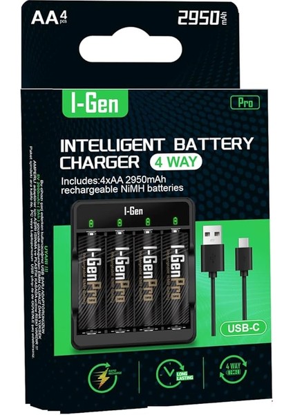 G429 4'lü Pil Şarj Aleti + 4 Adet Aa Pro 2950 Mah Şarjlı Kalem Pilli Set