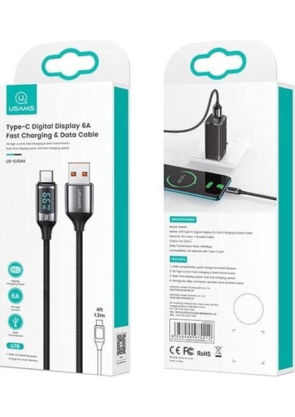 US-SJ544 Dijital Göstergeli,çipli,örgülü,1.2m Pd 66W USB To Type-C Hızlı Şarj ve Data Kablosu fırsatları