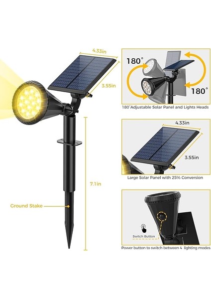 AMBER18 LED Spot Güneş Enerjili Bahçe Aydınlatma Lambası, Fotoselli, Spike Aplik, 18W Su Geçirmez Dış Mekan Solar Lamba, Ağaç, Veranda, Garaj, Havuz, Duvar ve Zemin Montajına Uygundur 42 cm indirimleri