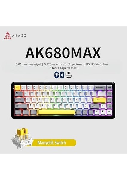 Ajazz AK680 Max%68 Manyetik Switch, 3000MAH Batarya 8000 Hz KABLOLU-1000 Hz Polling Rate Kablosuz Manyetik Klavye Rgb Arkadan Aydınlatmalı Özelleştirilebilir Tuşlar (AK680 Max - Siyah Sarı) fiyatları