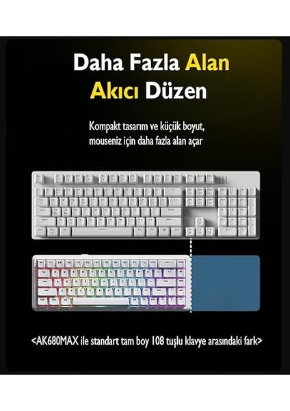 Ajazz AK680 Max%68 Manyetik Switch, 3000MAH Batarya 8000 Hz KABLOLU-1000 Hz Polling Rate Kablosuz Manyetik Klavye Rgb Arkadan Aydınlatmalı Özelleştirilebilir Tuşlar (AK680 Max - Siyah Sarı) modelleri