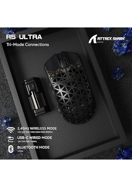 Shark R5 Ultra Kablosuz Oyun Fare Yüksek Hızlı Karbon Fiber Ultra Hafif 39G Kablo 2.4g/bt/usb-C Sensörü, PAW3950MAX Sensör, Kablosuz Problama Hızı 8khz, 42KDPI, Pc/mac - Siyah modelleri