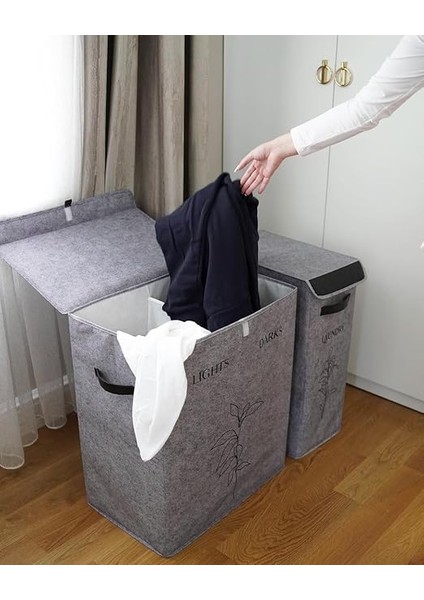 Keçe Deri Kulplu 2 Bölmeli Dekoratif Çamaşır Sepeti modelleri